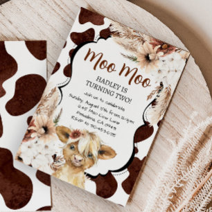 Boho Highland Cow Birthday Farm Inbjudningar