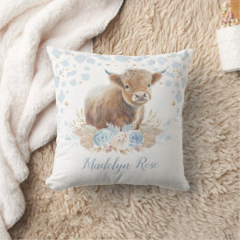 Boho Highland Cow Blue Guld Blommigt Pojke Kudde