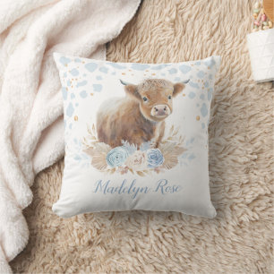 Boho Highland Cow Blue Guld Blommigt Pojke Kudde