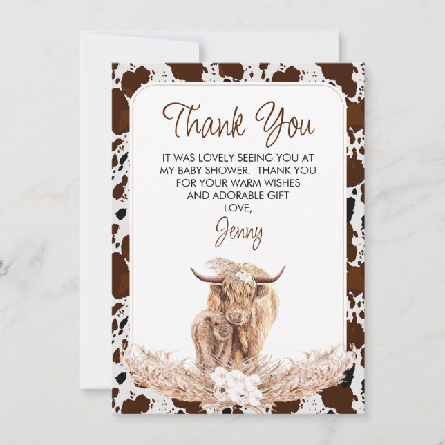 Boho Highland Cow Calf Baby Shower - tackkort Inbjudningar (Framsida)