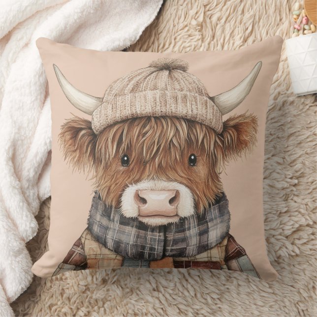 Boho Highland Cow i Hat Cream Kudde (Filt)