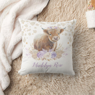 Boho Highland Cow Lavender Guld Blommigt Flicka Kudde