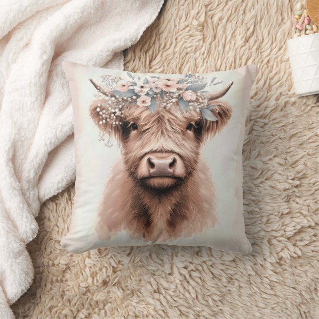 Boho Highland Cow med Blommigt Krona Kudde (Filt)