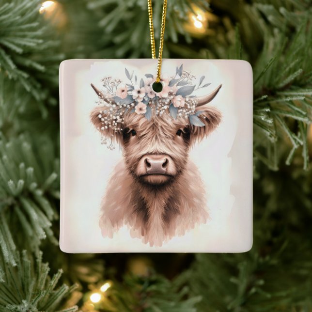 Boho Highland Cow med Möhippa Blommigt Krona Julgransprydnad Keramik (Träd)