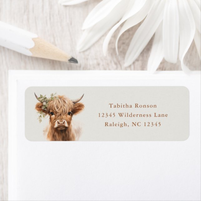 Boho Highland Cow Neutralt Returadress Returadress Etikett (Insitu)