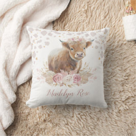 Boho Highland Cow Rosa Guld Blommigt Flicka Kudde