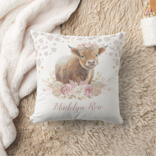 Boho Highland Cow Rosa Guld Blommigt Flicka Kudde