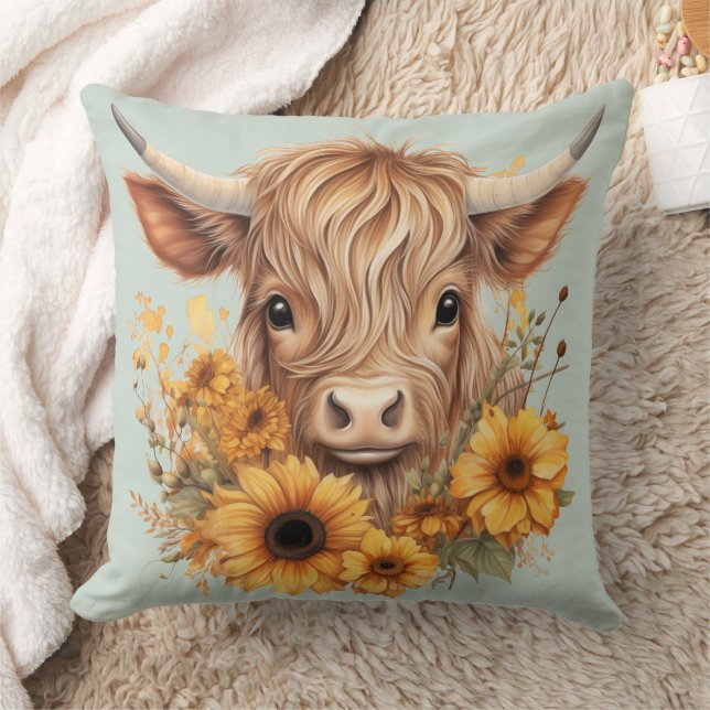 Boho Highland Cow SunblommSage Grönt Kudde (Filt)