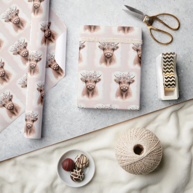 Boho Highland Cow with Blommigt Headbit Presentpapper (Hantverk)