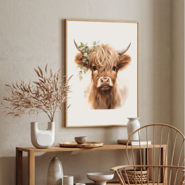 Boho Highland Ko Art Print Poster (Boho Highland Cow Art Print Poster.)