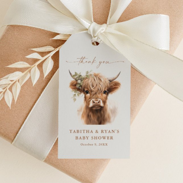 Boho Highland Ko Baby Shower Tack För Tacksamhet Presentetikett (Boho Highland Cow Gender Neutral Couple's Baby Shower Thank You Favor Tags.)