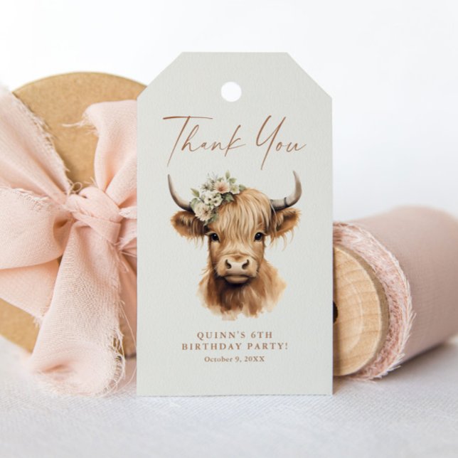 Boho Highland Ko Kids Födelsedagsfest Förmån Presentetikett (Boho Highland Cow Girls Kids Birthday Party Thank You Favor Tags.)