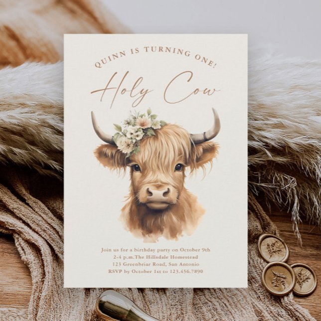 Boho Highland Ko Kids Födelsedagsfest Inbjudningar (Boho highland cow kids girls first birthday party invitations.)