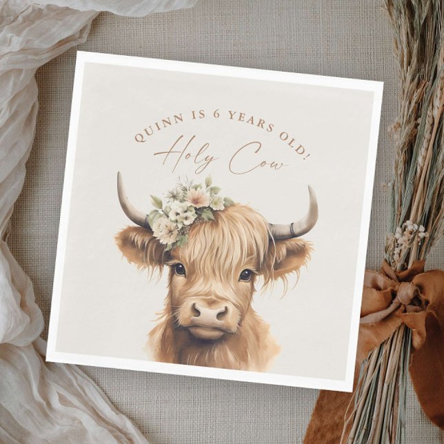 Boho Highland Ko Kids Födelsedagsfest Pappersservett (Boho highland cow kids girls birthday party napkins.)
