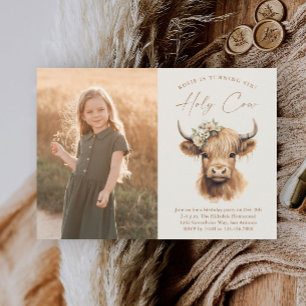 Boho Highland Ko Kids Foto Födelsedagsfest Inbjudningar