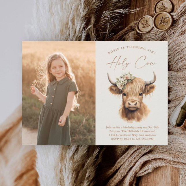 Boho Highland Ko Kids Foto Födelsedagsfest Inbjudningar (Boho Highland Cow Kids Girls Photo Birthday Party Invitations.)