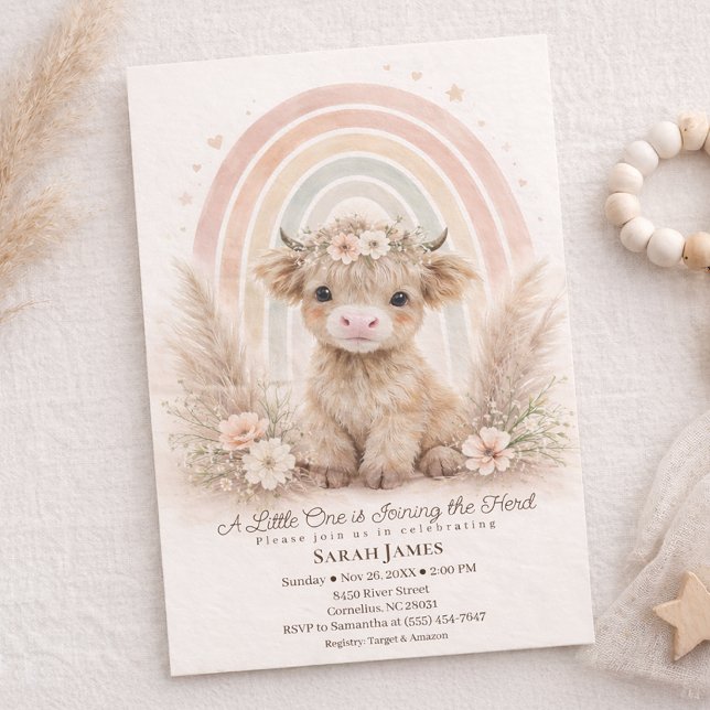 Boho Highland Ko Neutral Regnbåge Bebisens Första  Inbjudningar (Skapare uppladdad)