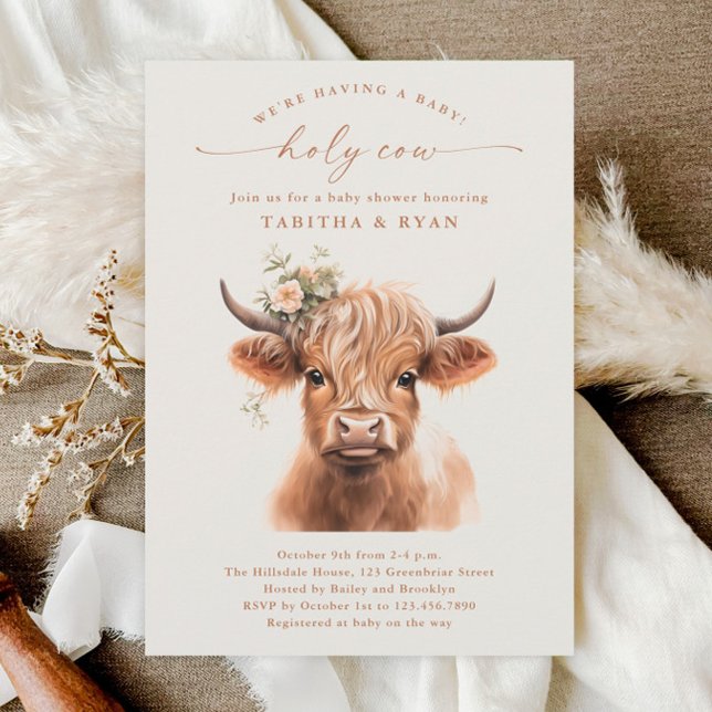 Boho Highland Ko Neutrala Par Baby Shower Inbjudningar (Highland Cow Country Floral Farm Couples Baby Shower Invitation.)