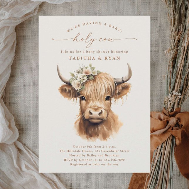 Boho Highland Ko Neutrala Par Baby Shower Inbjudningar (Boho highland cow couples baby shower invitations.)
