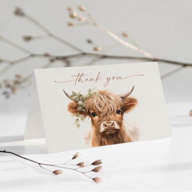 Boho Highland Ko Neutrala Par Baby Shower Tack Kort (Boho highland cow baby shower thank you card.)