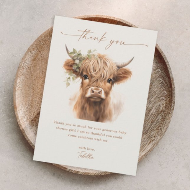 Boho Highland Ko Neutrala Par Babyshower Tack Kort (Boho highland cow baby shower thank you card.)