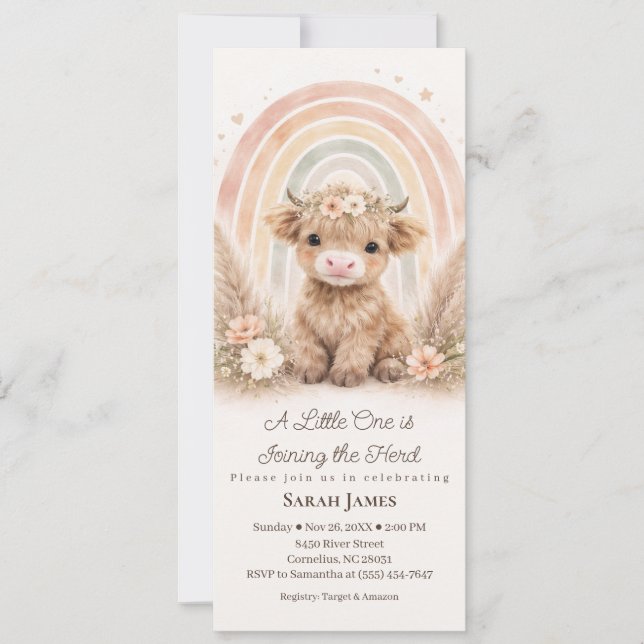 Boho Highland Ko Slim Baby Shower Neutral Regnbåge Inbjudningar (Framsida)