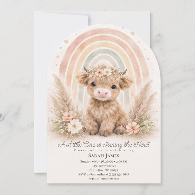 Boho Highland Ko Soft Regnbåge Baby Shower Båge Inbjudningar (Framsida)