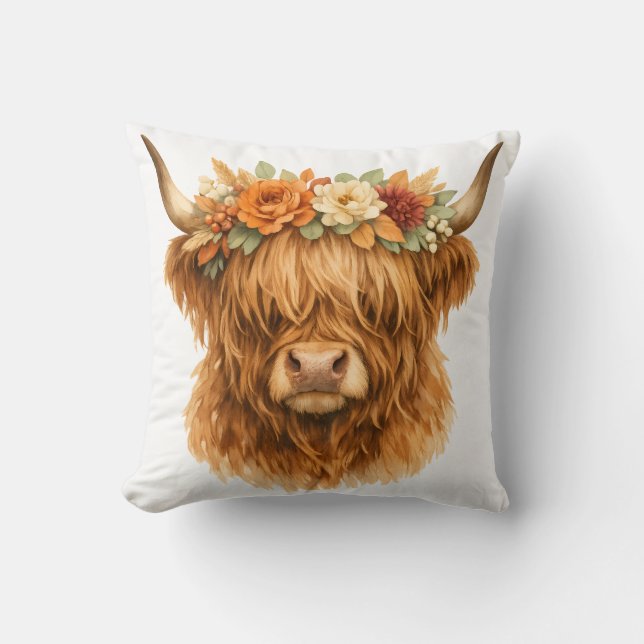 Boho Highland Ko Throw Kudde med blomkrona | (Framsida)