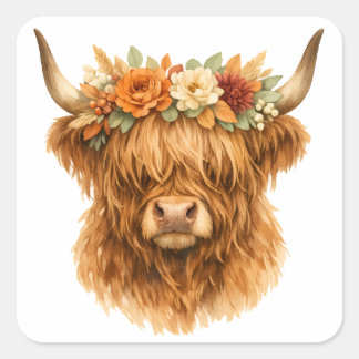 Boho Highland Ko Throw Kudde med blomkrona | Fyrkantigt Klistermärke