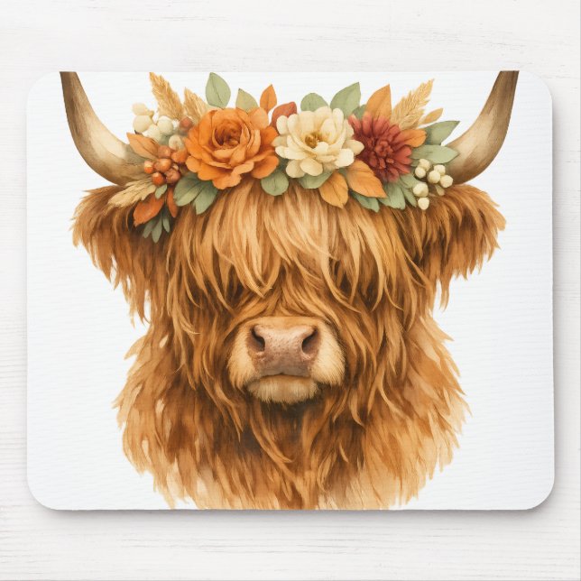 Boho Highland Ko Throw Kudde med blomkrona | Musmatta (Framsidan)
