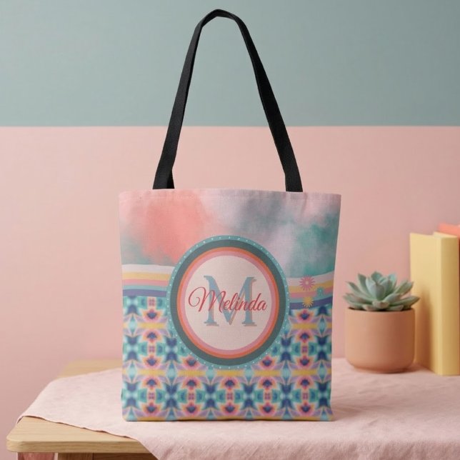 Boho himmelsblå, orange och rosa mönster  tygkasse (Skapare uppladdad)