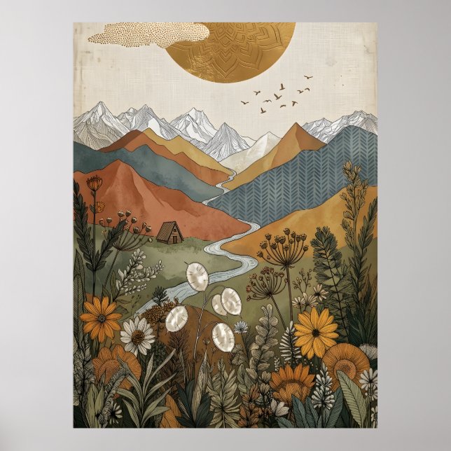 Boho himmelsk berg A-formad stuga Flod Poster (Framsidan)