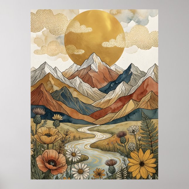 Boho himmelsk bergflod sol äng poster (Framsidan)
