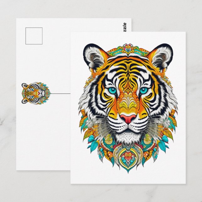 Boho Hippie Blommig År för Tiger Konst Vykort (Fram/baksida)