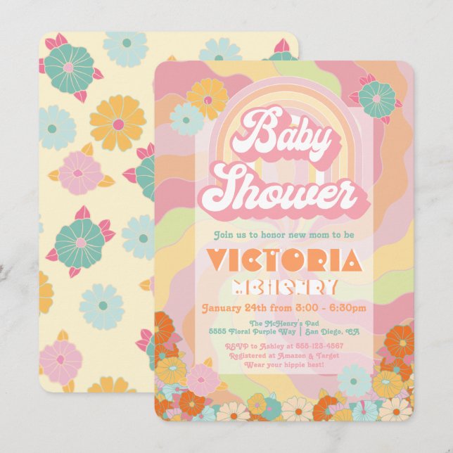 Boho Hippie Rainbow Blommigt Baby Shower-inbjudan Inbjudningar (Fram/baksida)