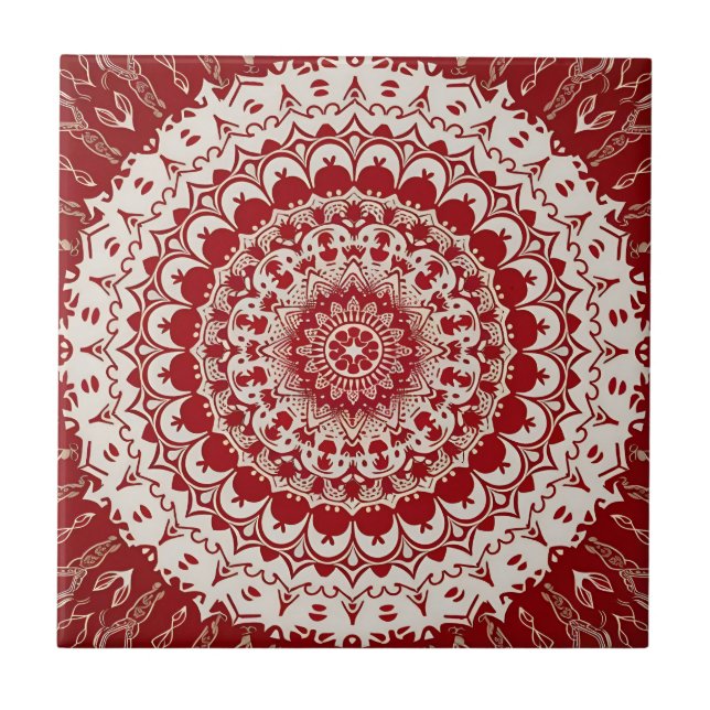 Boho Hippie Tibetansk Inspired Red Mandala Kakelplatta (Framsidan)