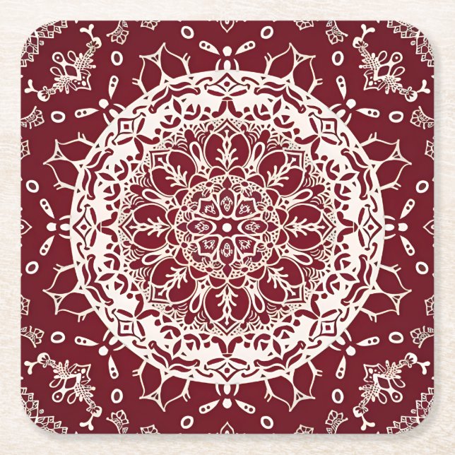 Boho Hippie Zen Inspired Red Intricate Mandala Underlägg Papper Kvadrat (Framsidan)