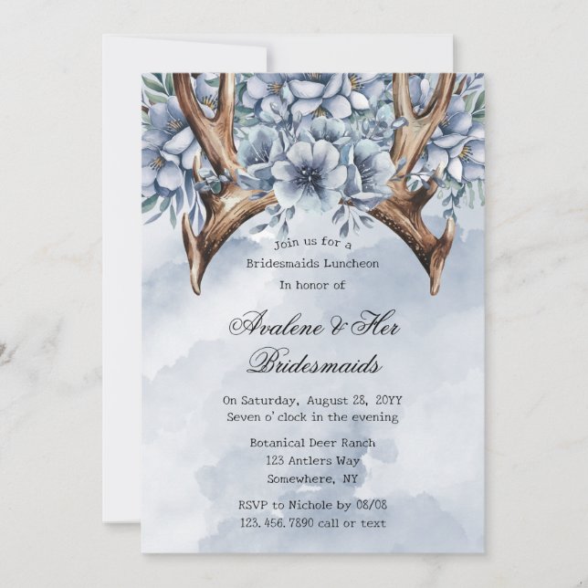 Boho Hjort Antler Blue Blommigt Bridesmaids Lunche Inbjudningar (Framsida)