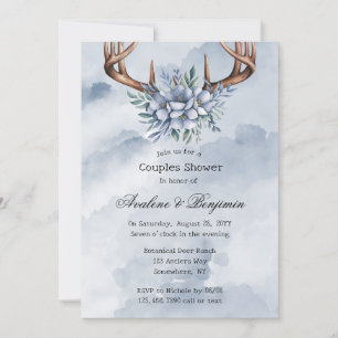 Boho Hjort Antler Blue Blommigt Bröllop par Shower Inbjudningar