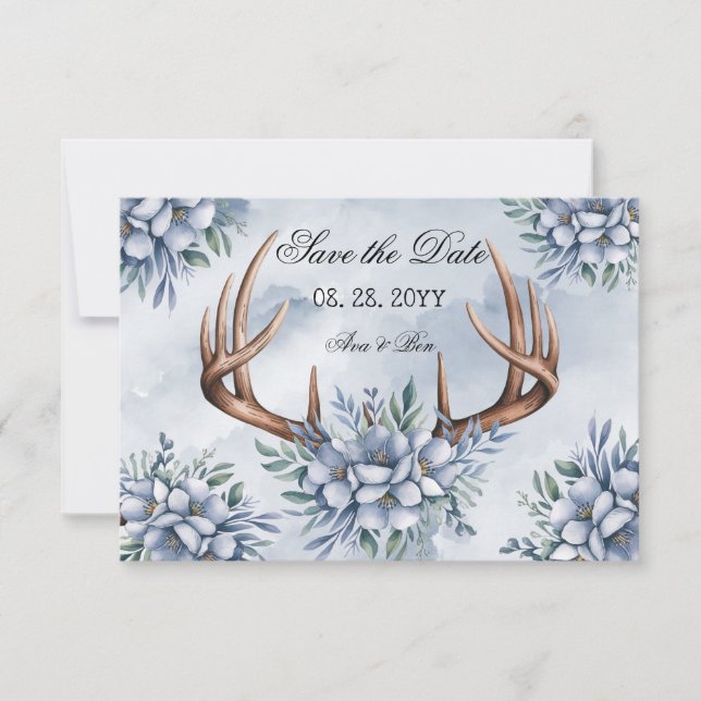 Boho Hjort Antler Dusty Blue Blommigt Spara Datumet (Framsida)