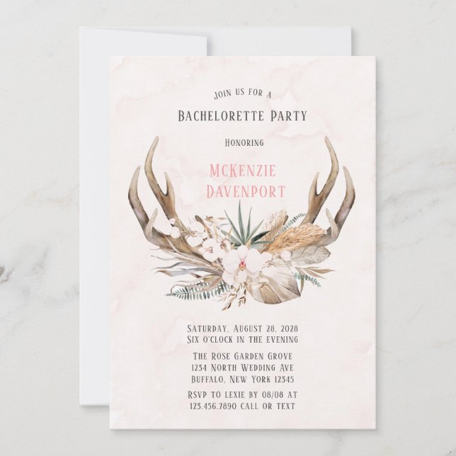 Boho Hjort Antlers and Blommigts Bachelorette Part Inbjudningar (Framsida)