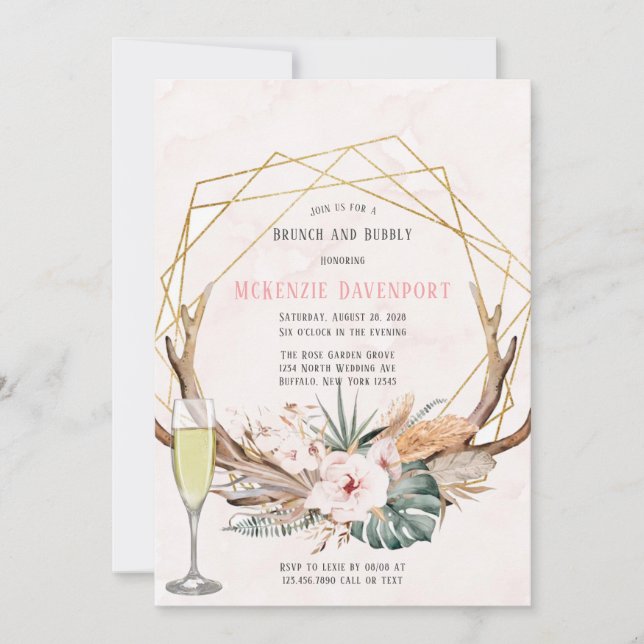 Boho Hjort Antlers och Blommigtarna Brunch och Bub Inbjudningar (Framsida)