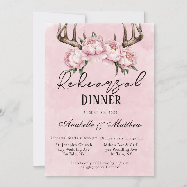 Boho Hjort Antlers Rosa Peonies Rehearsal Dinner Inbjudningar (Framsida)