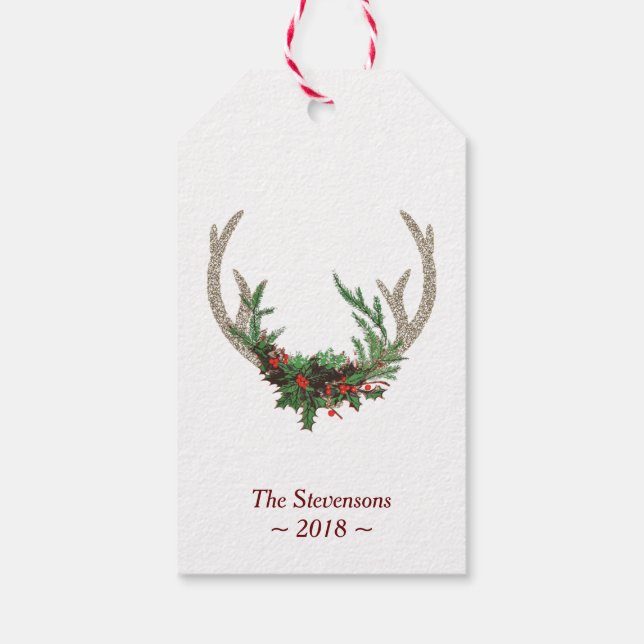 Boho Hjort Antlers | Rustic Red-Blommigten Jul Presentetikett (Baksidan)