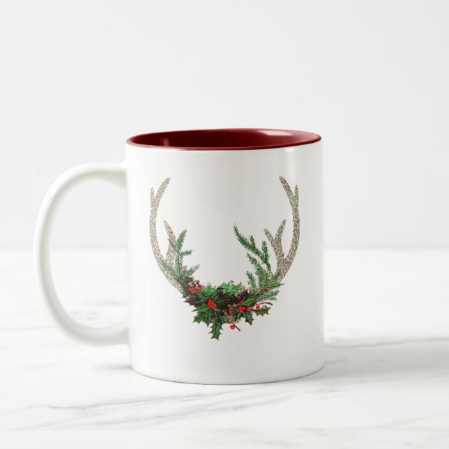 Boho Hjort Antlers | Rustic Red-Blommigten Jul Två-Tonad Mugg (Vänster)