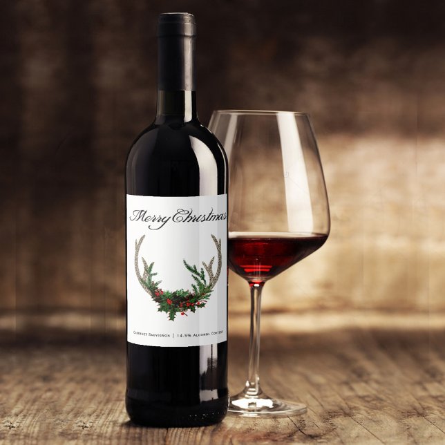 Boho Hjort Antlers | Rustic Red-Blommigten Jul Vinflaska Etikett (Skapare uppladdad)