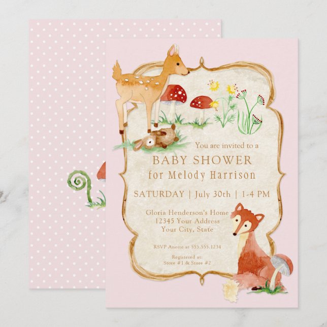 BOHO Hjort Fox Uggla Forest Rosa Girl Baby Shower Inbjudningar (Fram/baksida)