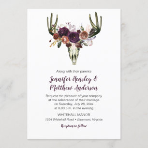 Boho Hjort Skull Mörk Lila Blommigt Bouquet Bröllo Inbjudningar