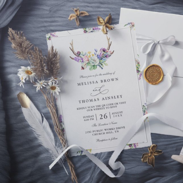Boho hjorthorn vilda blommor rustik QR-kod bröllop Inbjudningar (Skapare uppladdad)