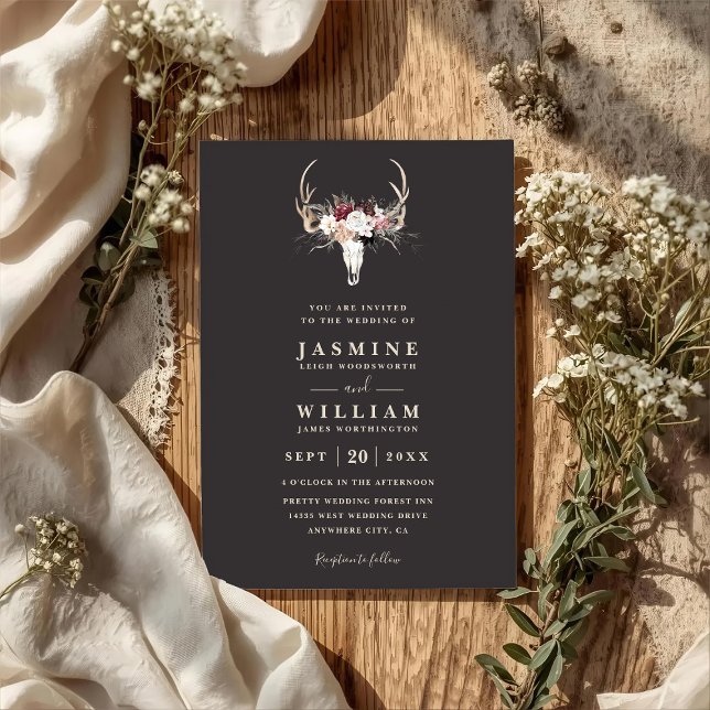 Boho Horn Floral Rustik Elegant QR-kod Bröllop Inbjudningar (Skapare uppladdad)